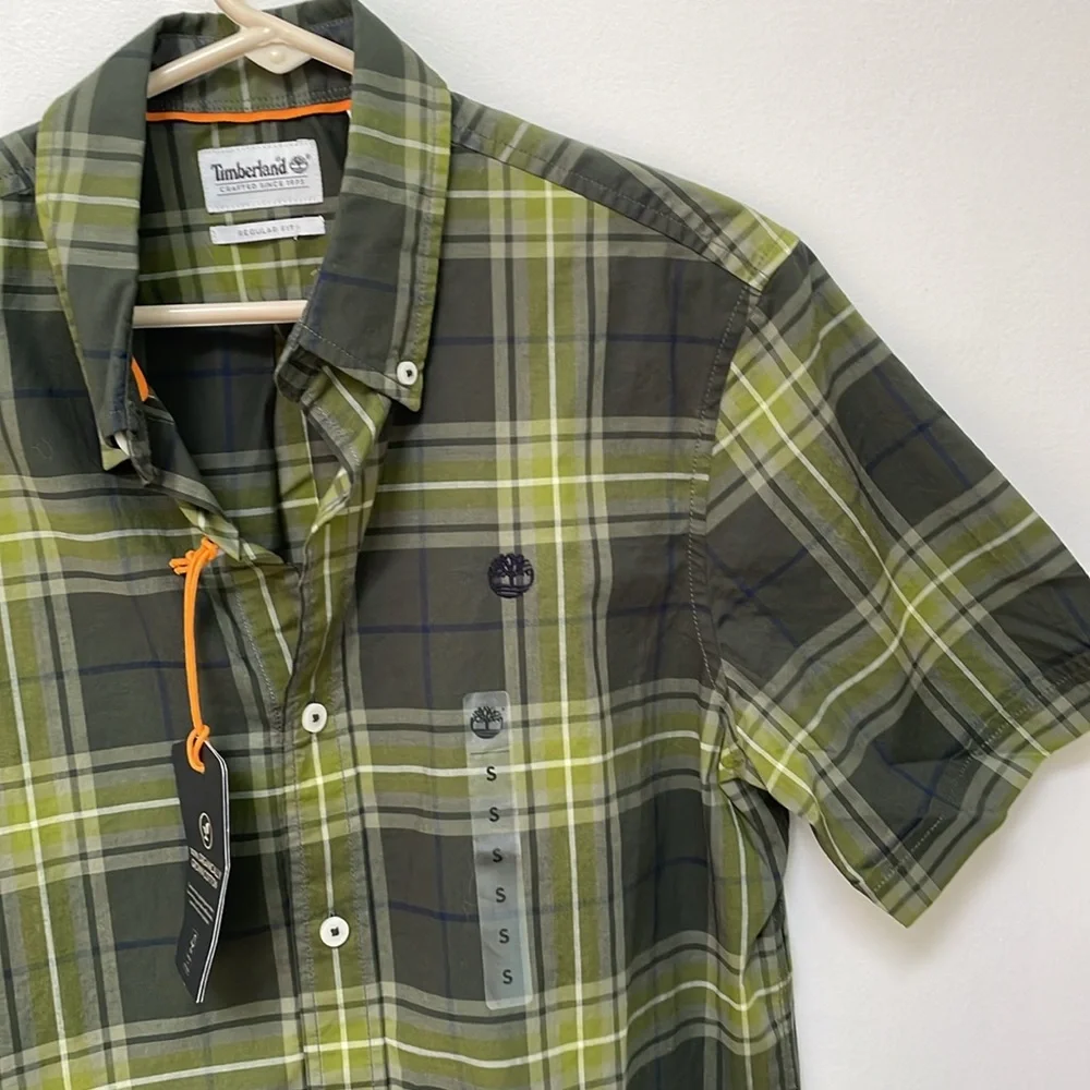 Timberland Shirt Green White Plaid Short Sleeve Button Up Mens Small